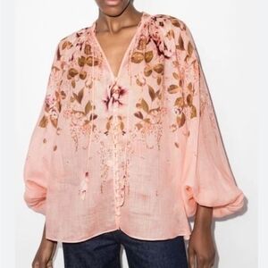 Zimmerman Rosa Tie Front Floral Ramie Blouse Balloon Sleeves Small Pink Peach